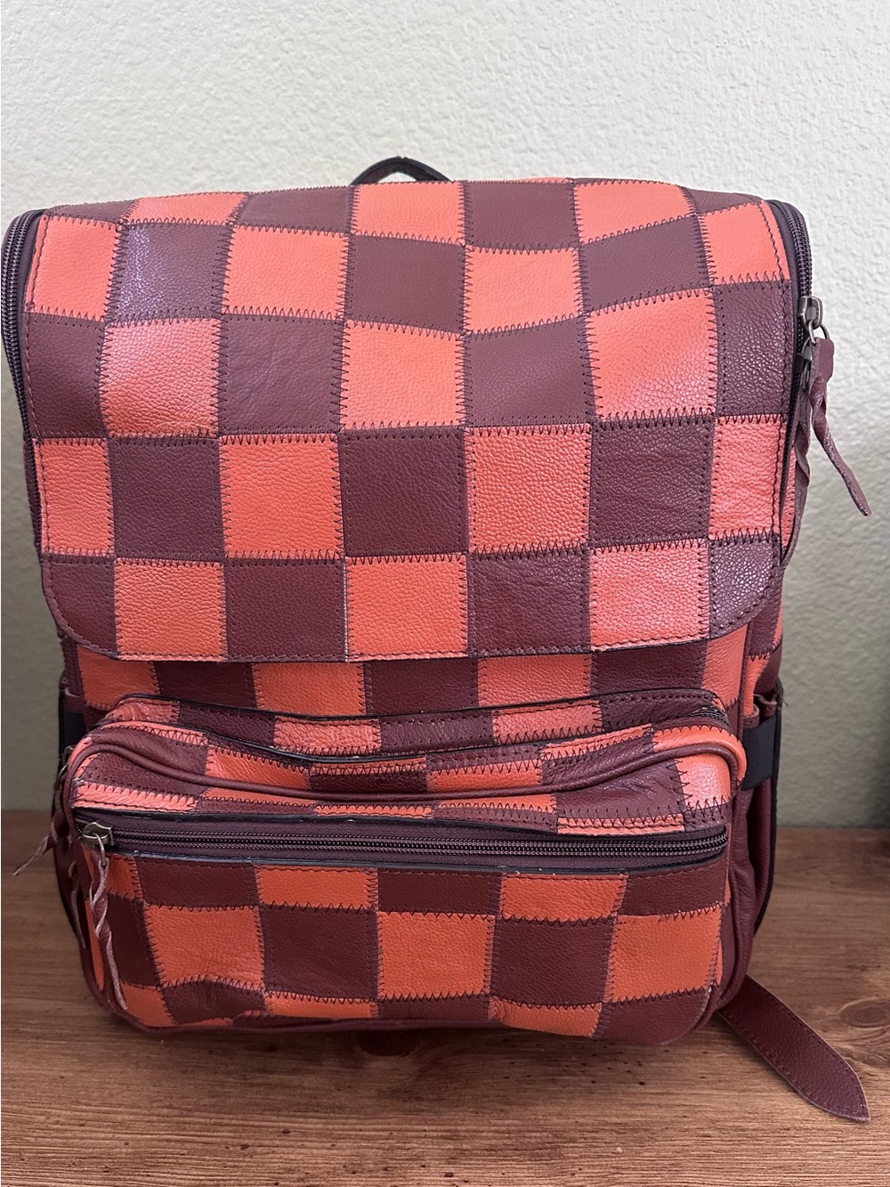 Checkered Leather Backpack - Brown & Tan